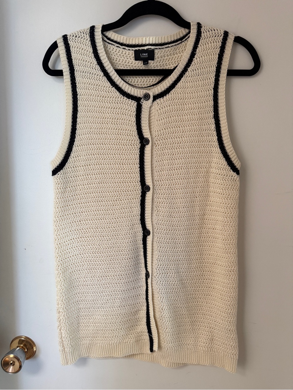 LINE Cream Black Open Knit Long Sweater Vest L Cotton Coastal Preppy